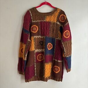 Vintage 90s Express Tricot Patchwork Sweater Women Small Sunflower Knit Boho
